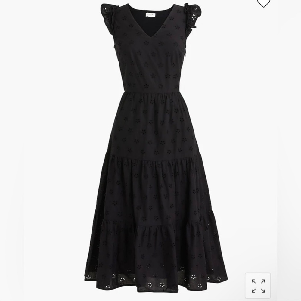 J. Crew Cotton Eyelet Midi Dress Size 2 Black Tiered Pockets Shoulder Ruffles - Picture 7 of 16